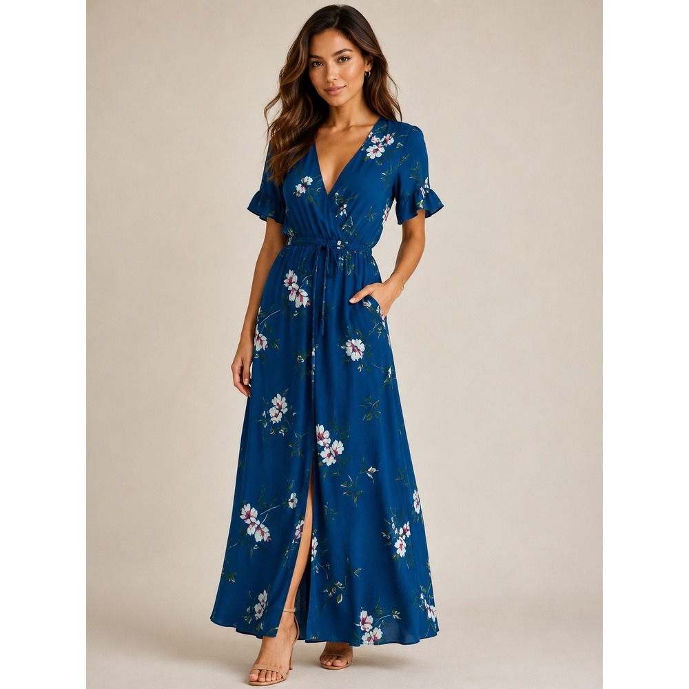 Lulus Teal Blue Floral Print Wrap Maxi Dress Ruffle Sleeve Size S New With Tags